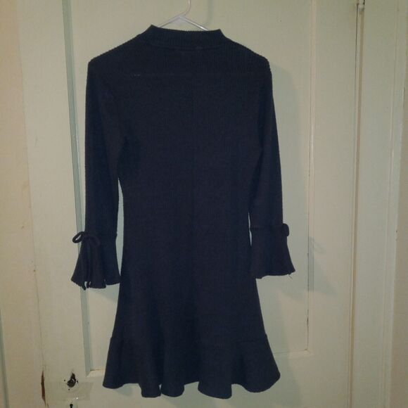 Lauren Conrad Mock Neck Ribbed Swing Dress-Small-3/4 Bell Sleeves-Ruffle Hem-Bow - Picture 6 of 10